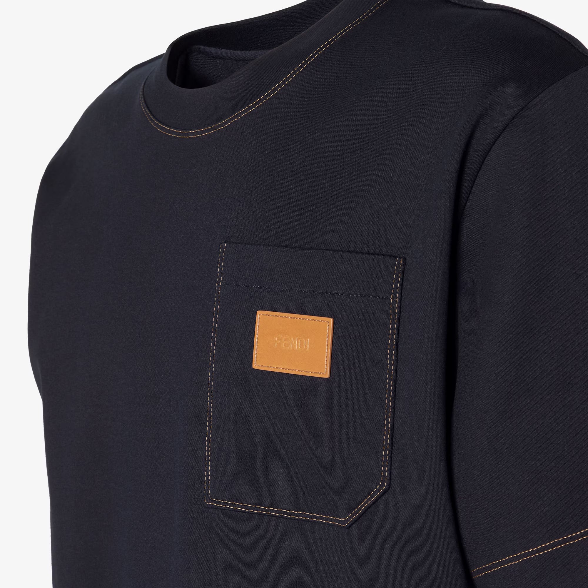 Navy Blue T-shirt with Leather Patch Pocket