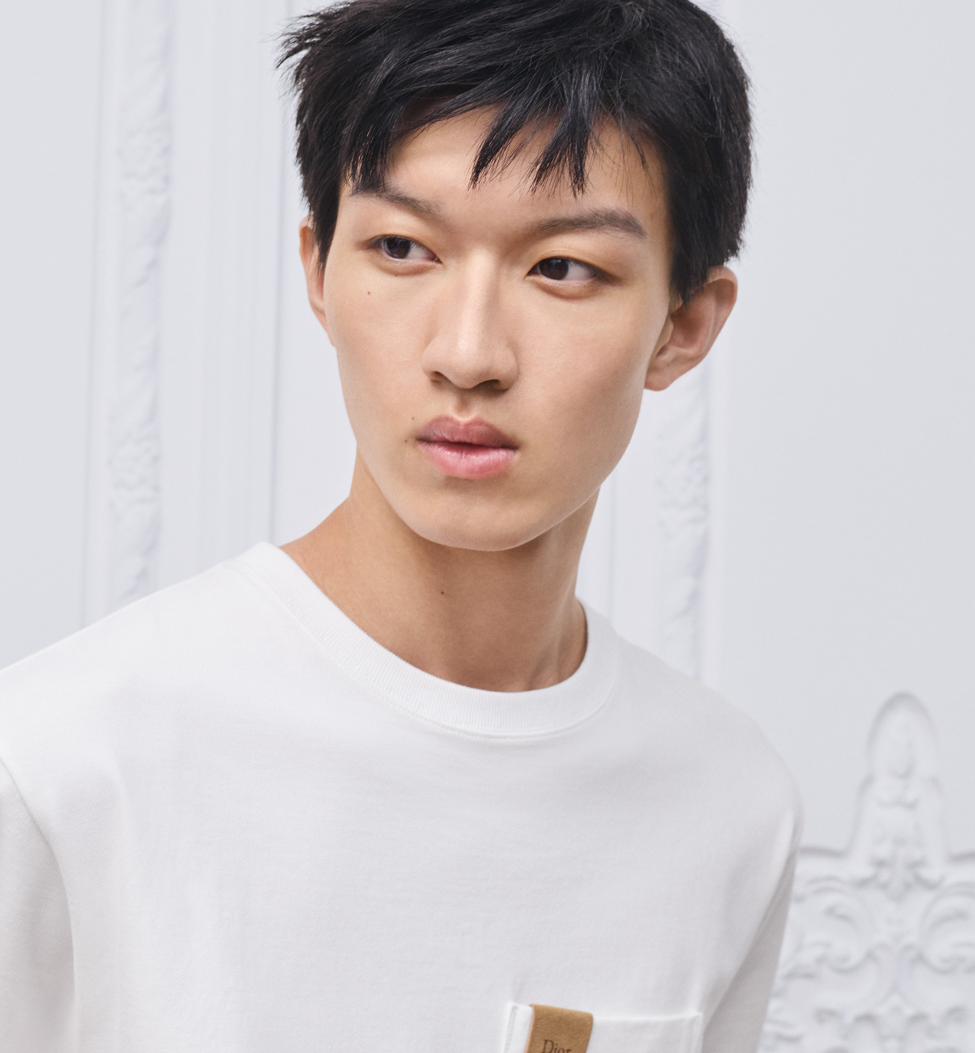 White T-shirt with Pocket and Leather Patch