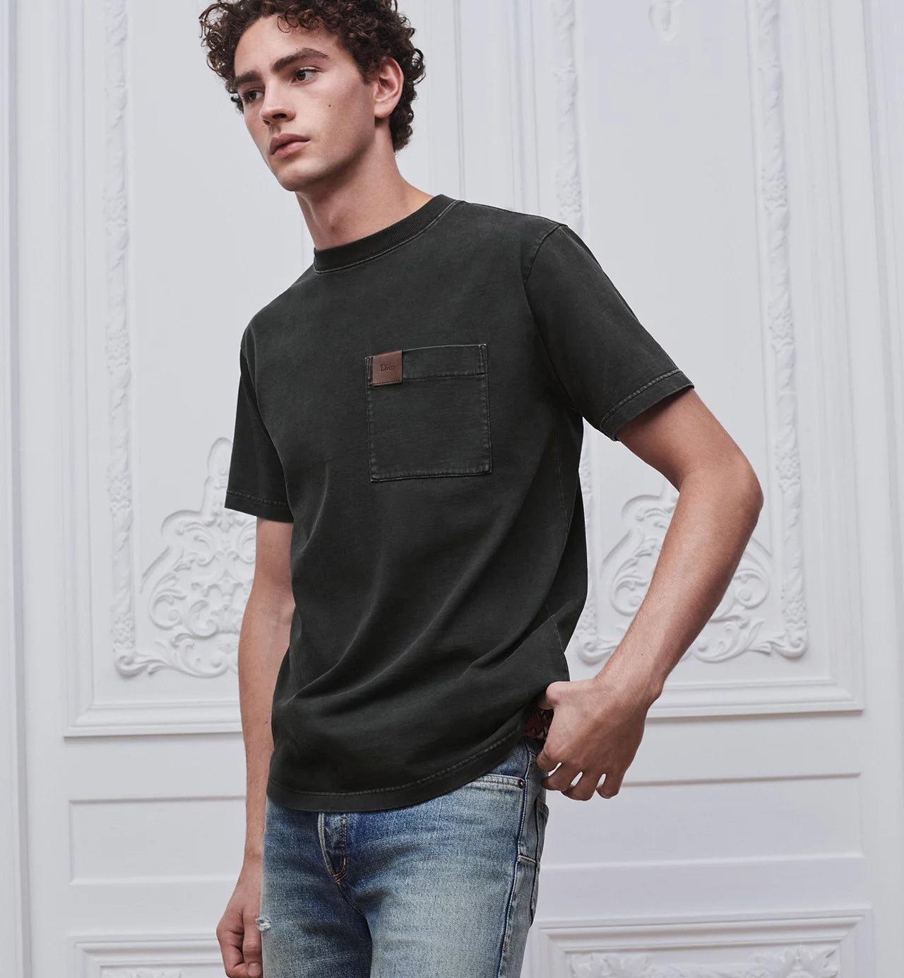 Grey T-shirt with Pocket and Leather Patch