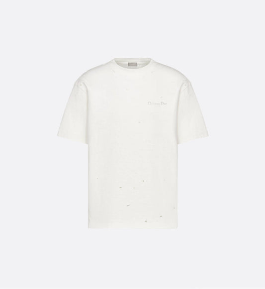 White Distressed-Effect Cotton Jersey T-shirt