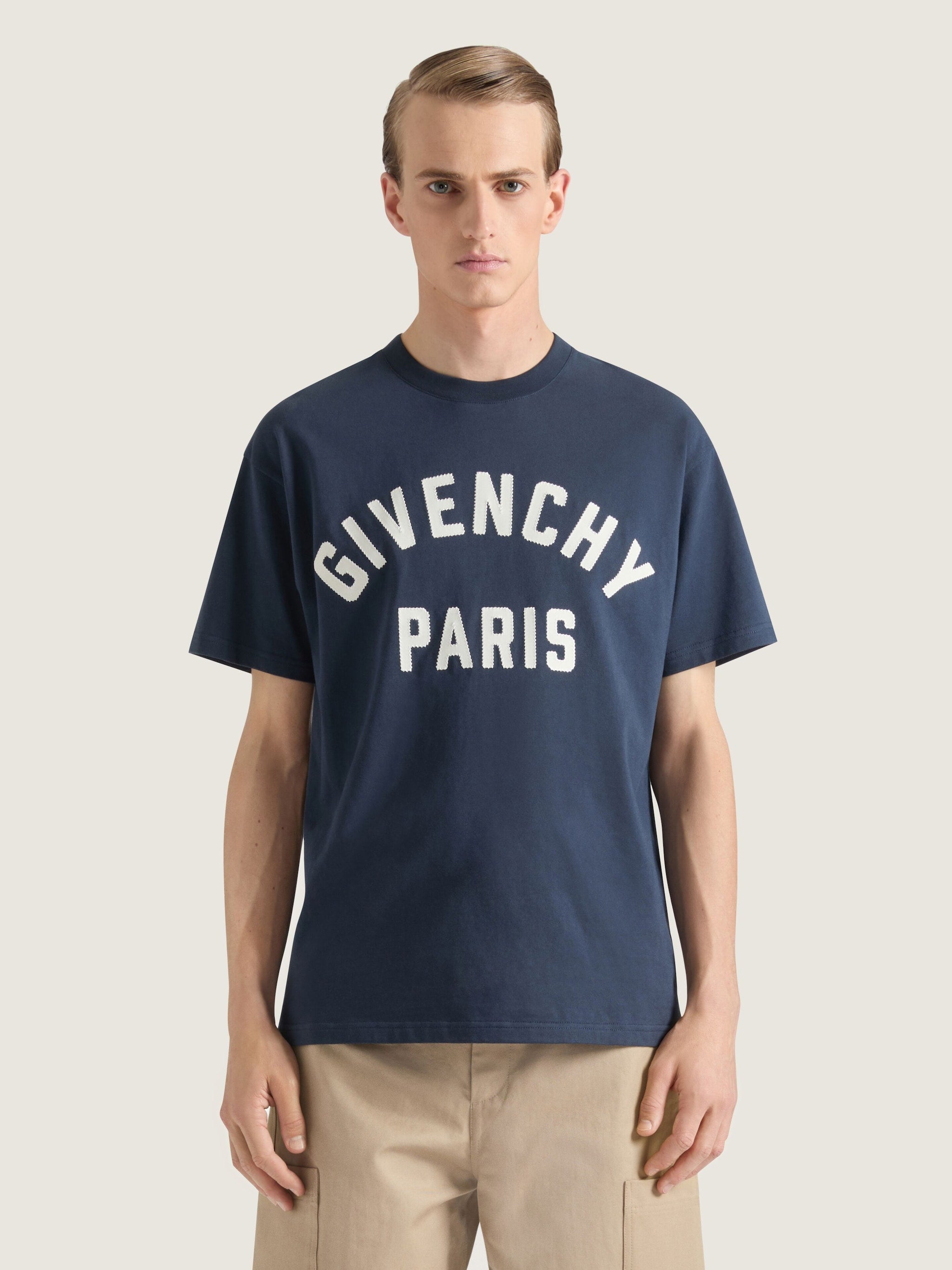 Navy Blue Cotton T-shirt with Embroidery
