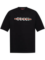 Black Cotton JerseyT-shirt with Logo Print