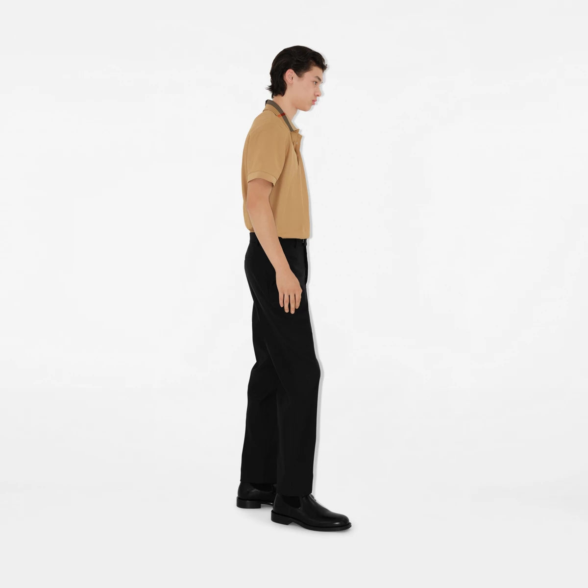 Check Collar Beige Cotton Polo Shirt