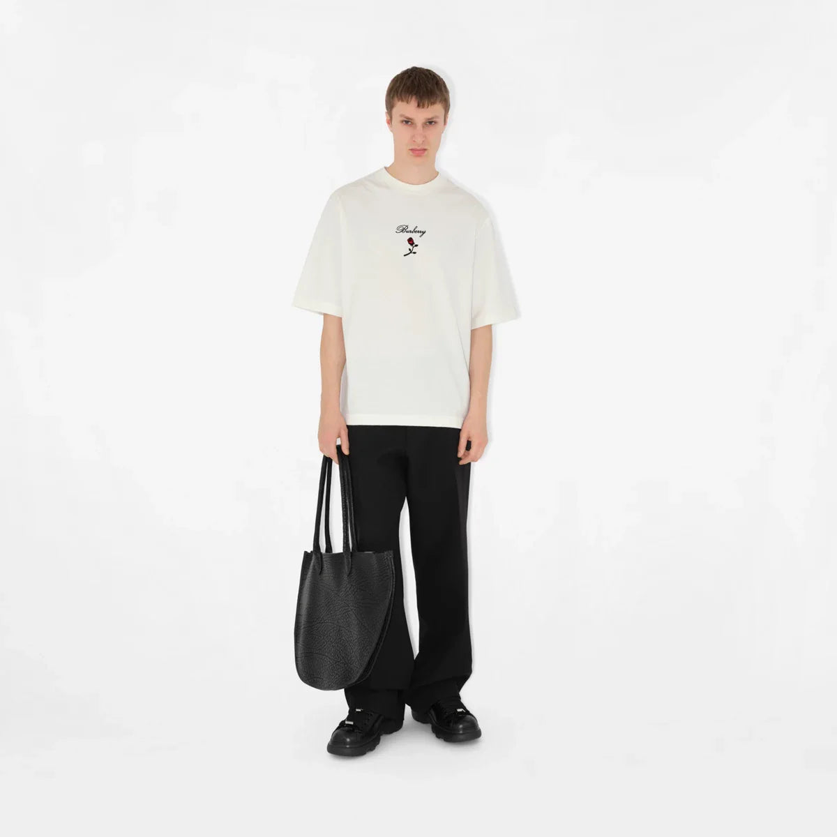 Rose Logo Embroidery White Cotton T-shirt