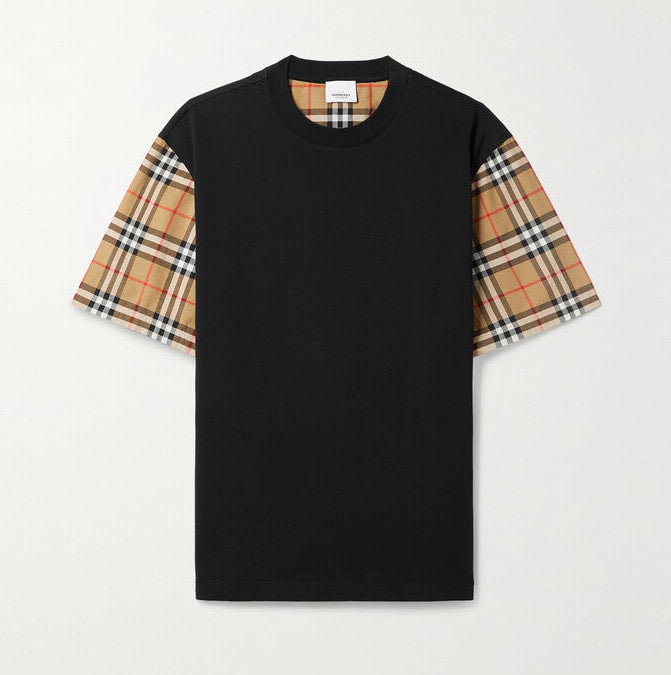Check Sleeve Black Cotton T-shirt