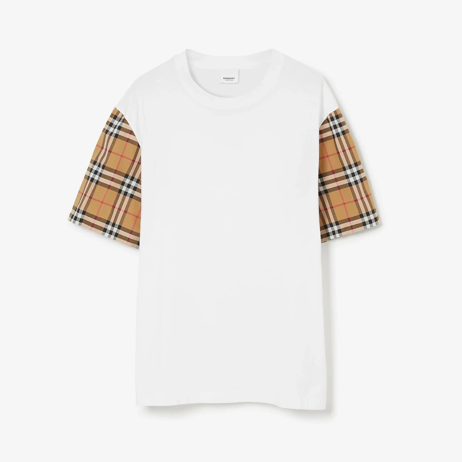 Check Sleeve White Cotton T-shirt