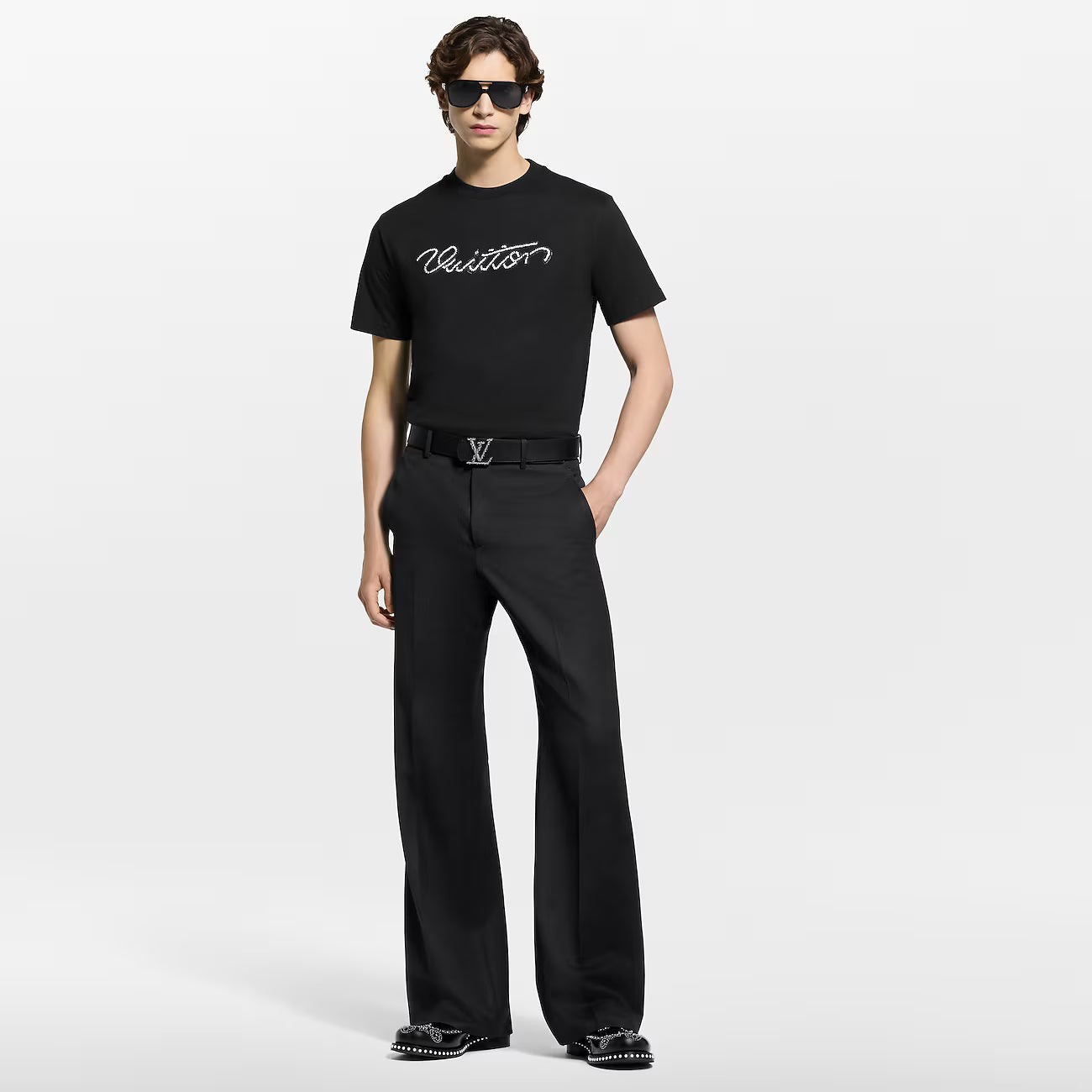 Beaded Signature Embroidery Black Cotton T-shirt