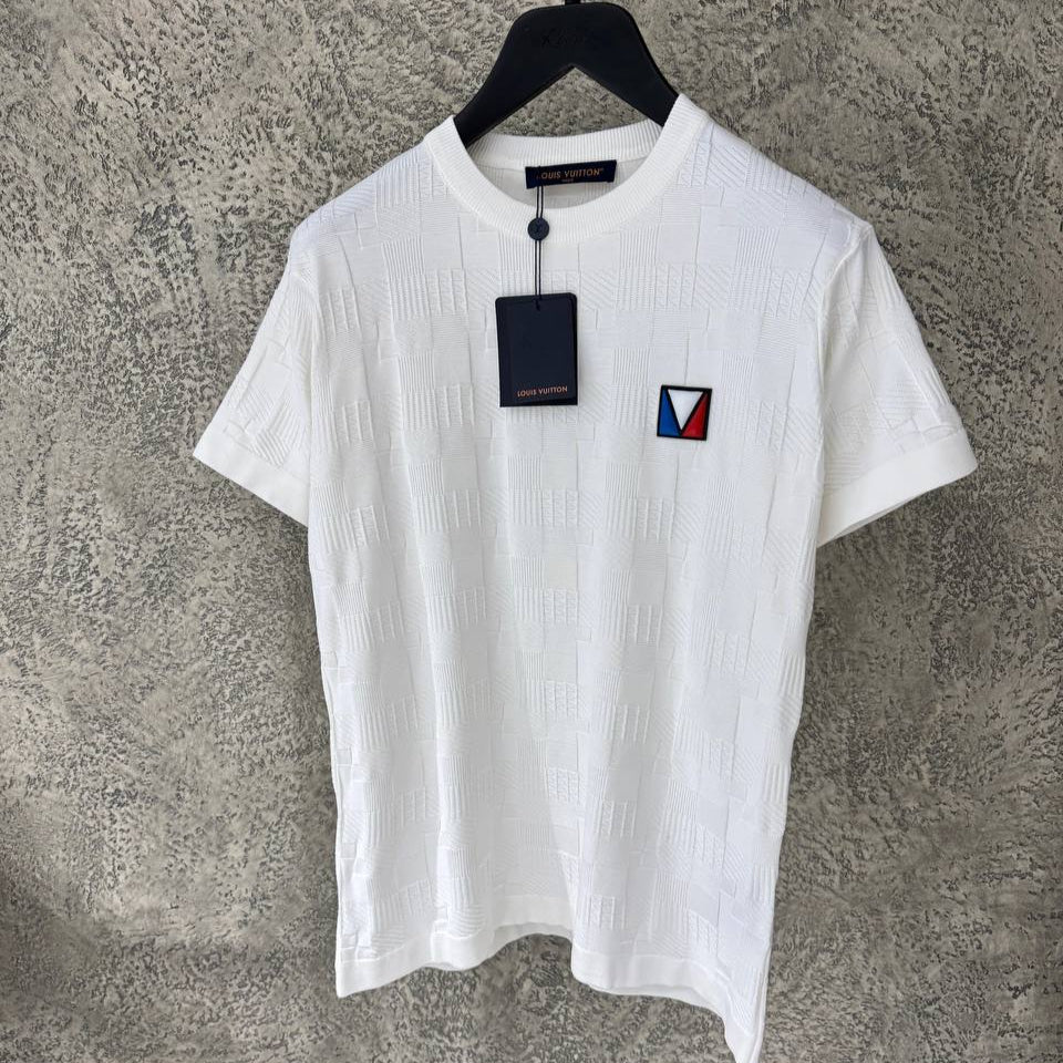 Λευκό βαμβακερό T-shirt με ζακάρ Damier
