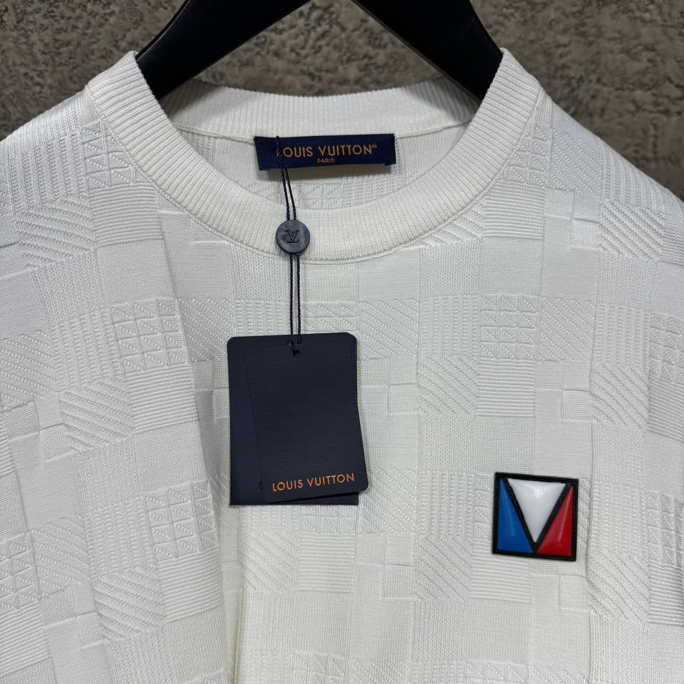 Λευκό βαμβακερό T-shirt με ζακάρ Damier