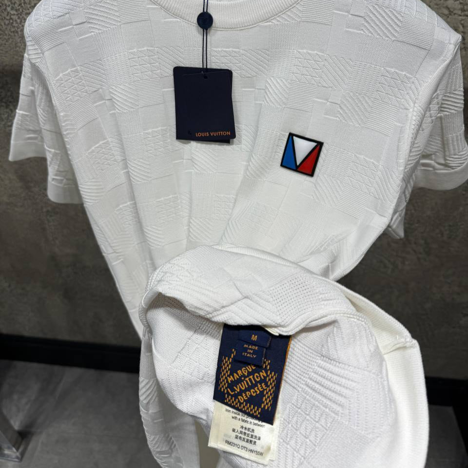 Λευκό βαμβακερό T-shirt με ζακάρ Damier